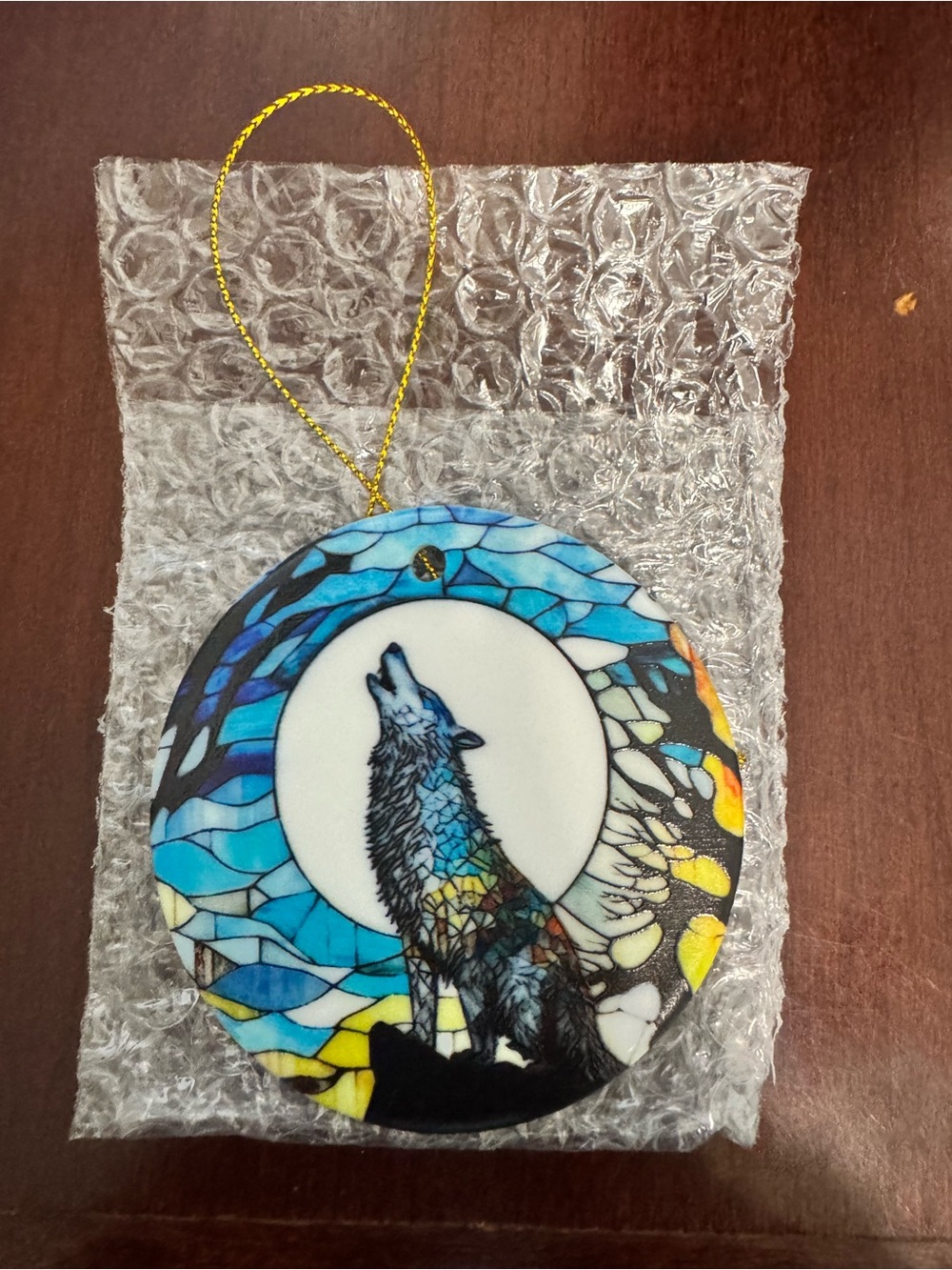 Double Sided “Stained Glass” Look Wolf Hanging Ornament - Blue & Yellow